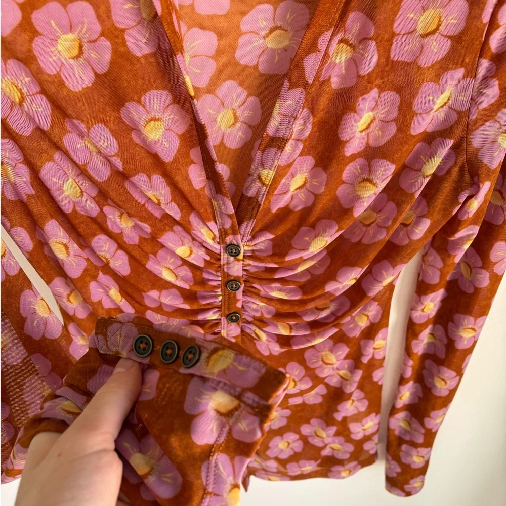 Free People Floral Ruched Blouse in Pink and Orange - Picture 3 of 8